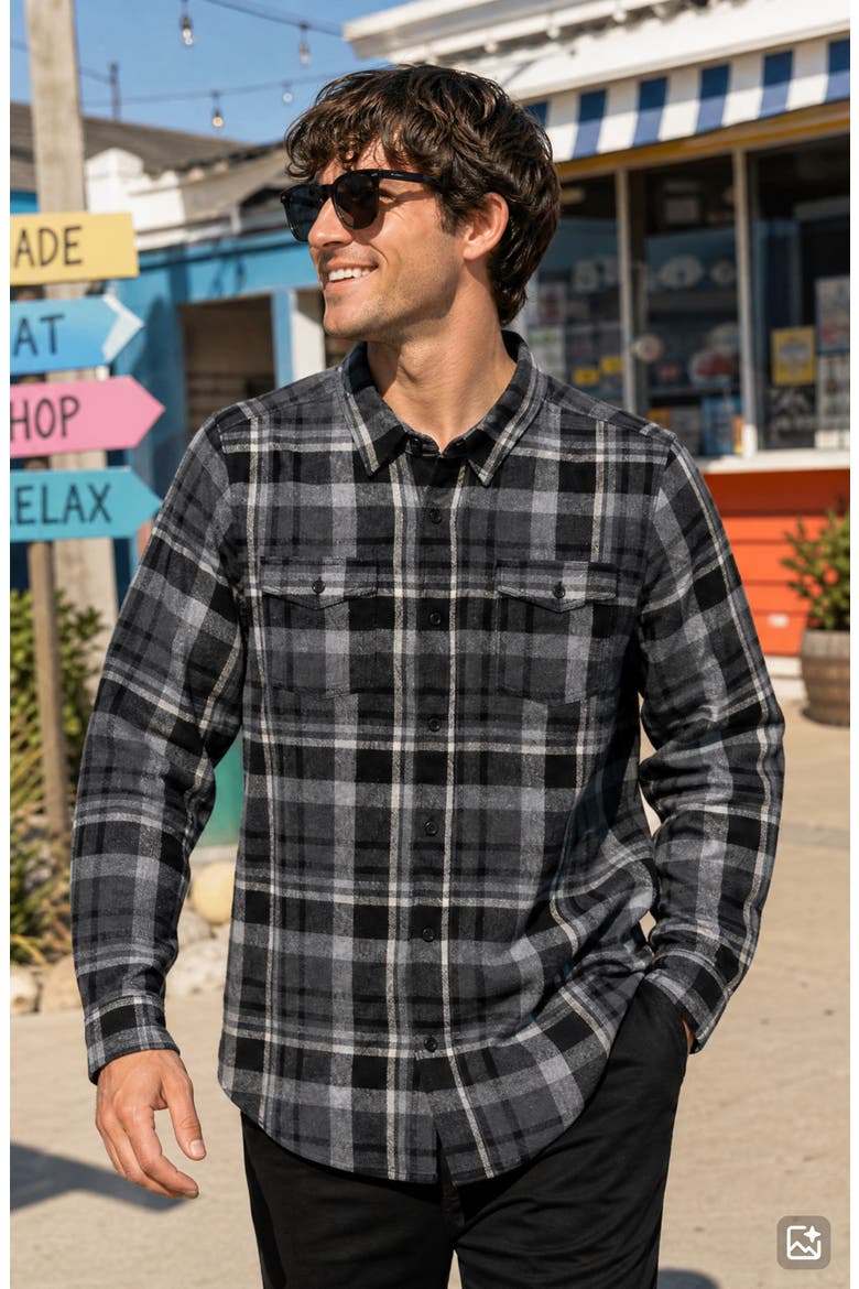 Plaid Long Sleeve Flannel Shirt, Alternate, color, BLACK