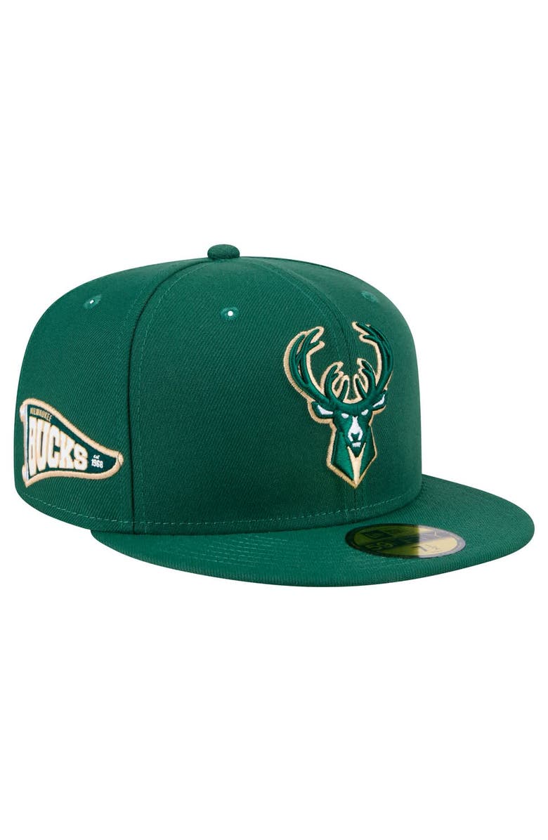 New Era Men's New Era Hunter Green Milwaukee Bucks Throwback Pennant 59FIFTY Fitted Hat, Main, color, Hunter Green