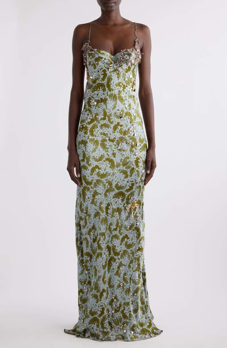 Dries Van Noten Deryl Orchid Petal Print Embellished Silk Column Gown, Main, color, Khaki