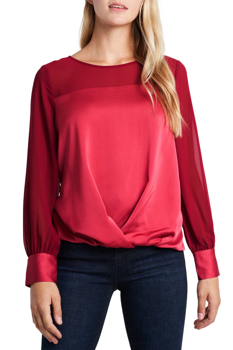 Mix Media Twist Front Long Sleeve Top, Main, color, DEEP RED