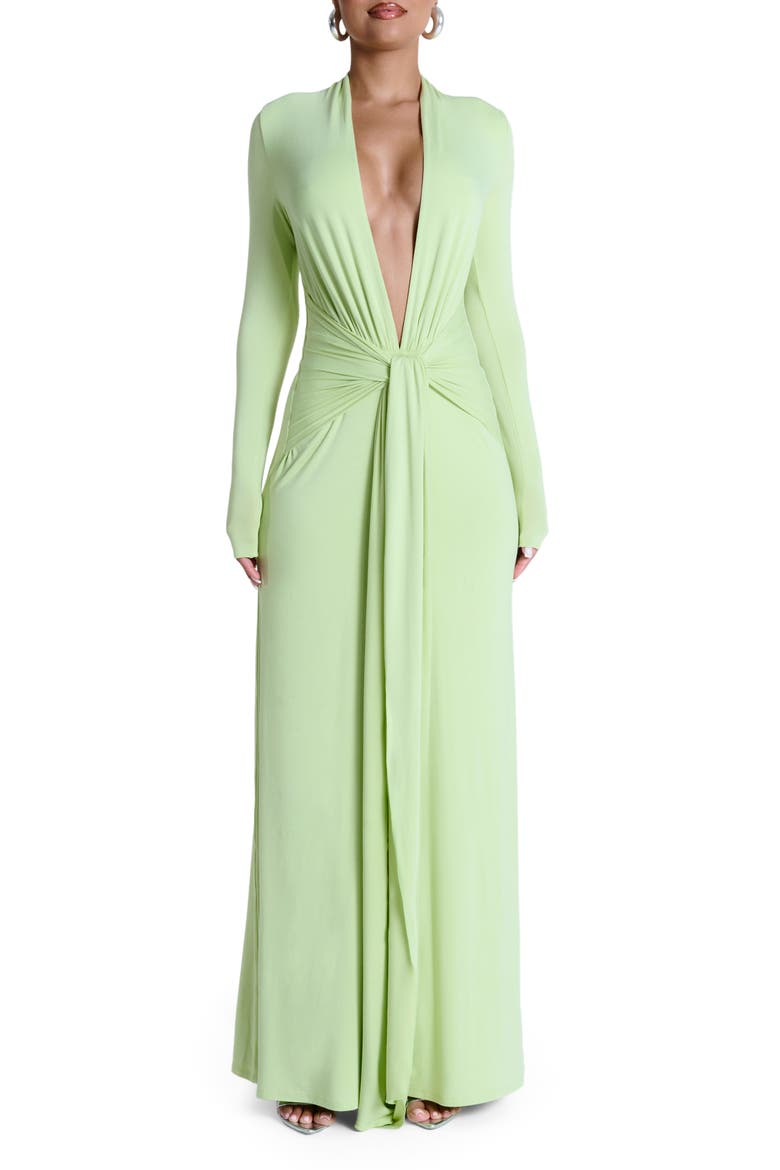 naked wardrobe green dress Plunge Neck Long Sleeve Stretch Jersey Maxi (Women) The billowy sleeves add