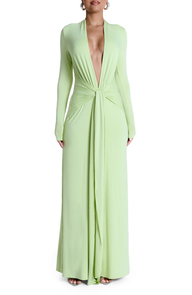 Naked Wardrobe Plunge Neck Long Sleeve Stretch Jersey Maxi Dress, Main, color, Pistachio