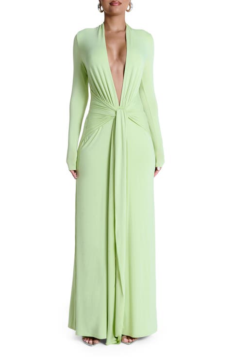 Plunge Neck Long Sleeve Stretch Jersey Maxi Dress