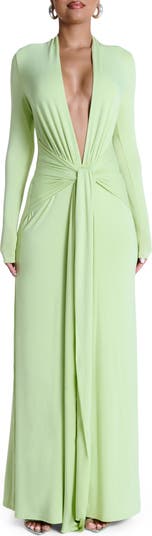 Plunge Neck Long Sleeve Stretch Jersey Maxi Dress