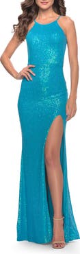 La Femme High Neck Long Sequin Gown with Open Back
