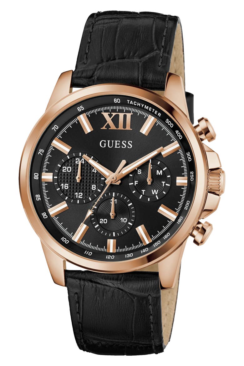 Walker Black Dial Multifunction Leather Strap Watch, 44mm, Alternate, color, BLACK