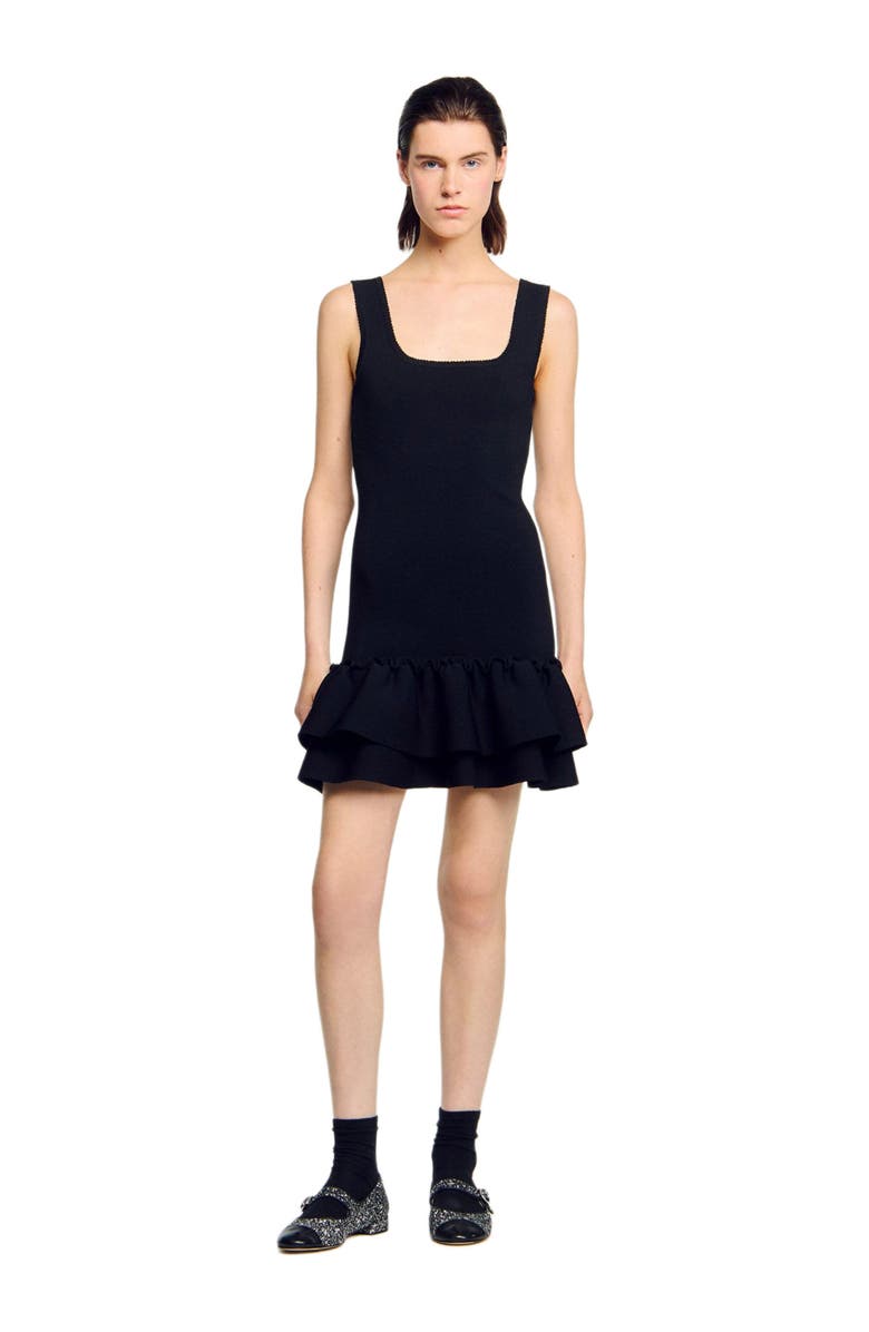 SANDRO Mini knit dress with ruffles, Alternate, color, Black