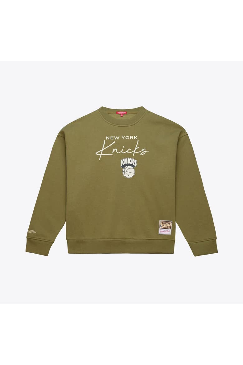 Women's Mitchell & Ness  Olive New York Knicks Lightweight Script Sweatshirt, Main, color, Olive