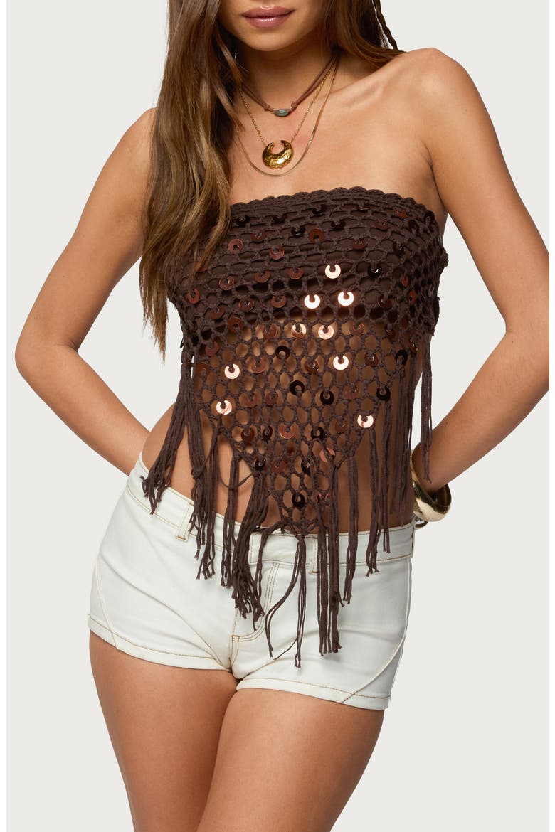 Handkerchief Open Back Crochet Top, Main, color, BROWN