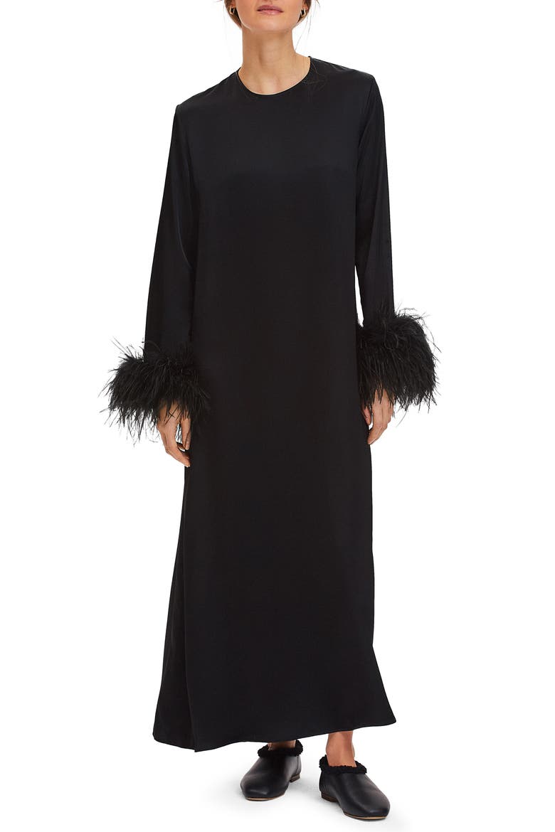 Suxi Feather Trim Maxi Nightgown, Main, color, BLACK