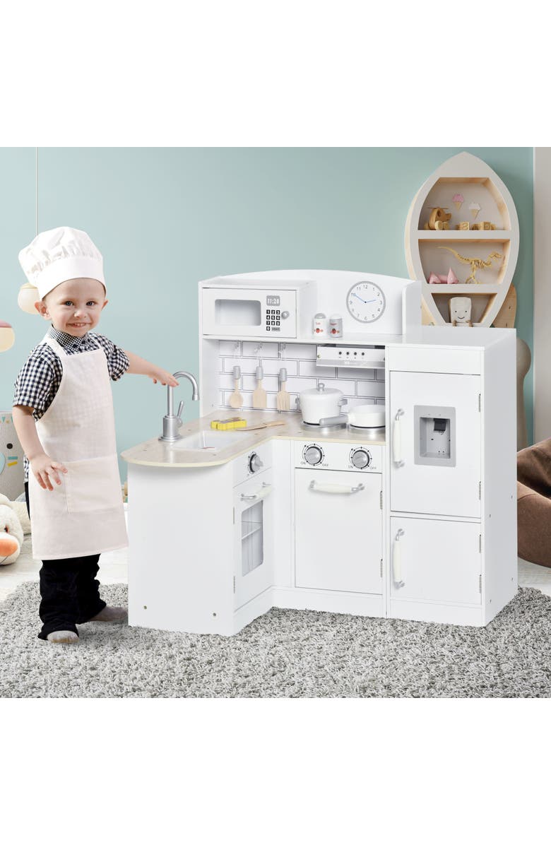 Qaba Kids Play Kitchen Set Pretend Wooden Cooking Toy Set, Alternate, color, White