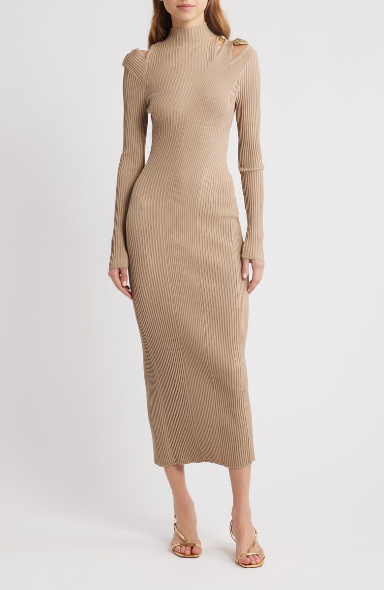 Cult Gaia Alyssa Cutout Shoulder Long Sleeve Rib Sweater Dress, Main, color, 
