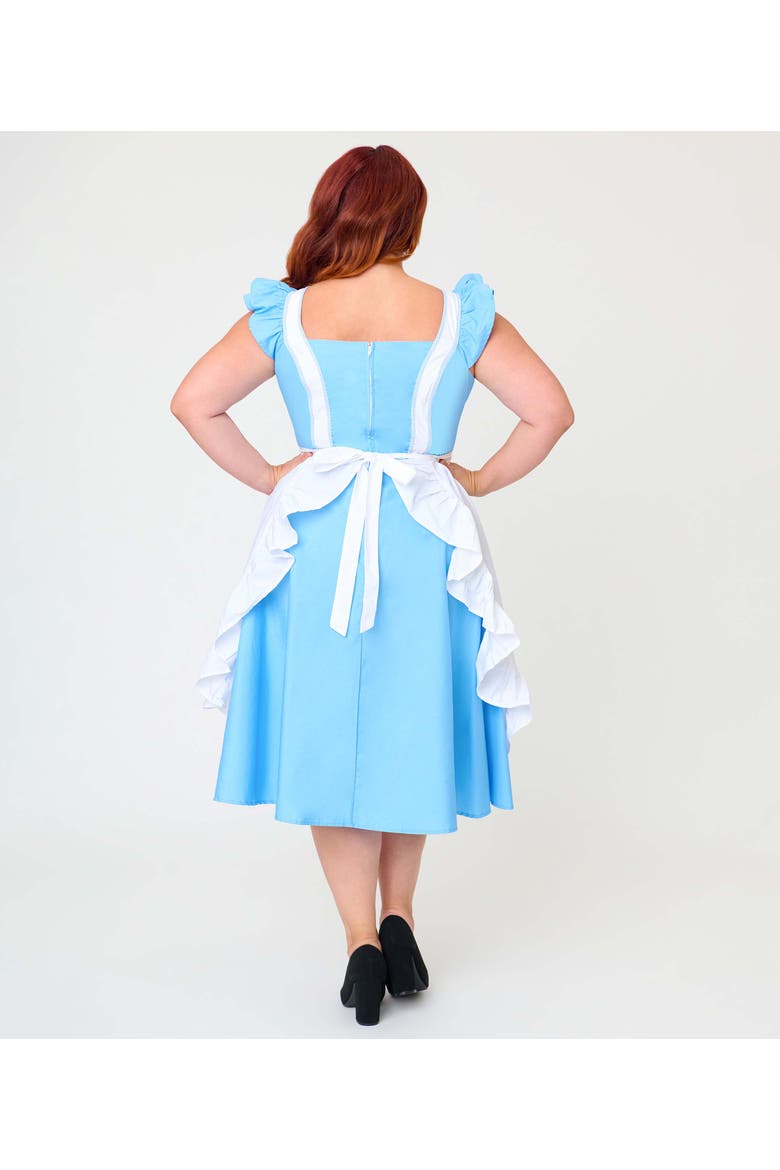 Plus Size 1950s Ruffled Apron Swing Dress, Alternate, color, Blue & White Alice Print