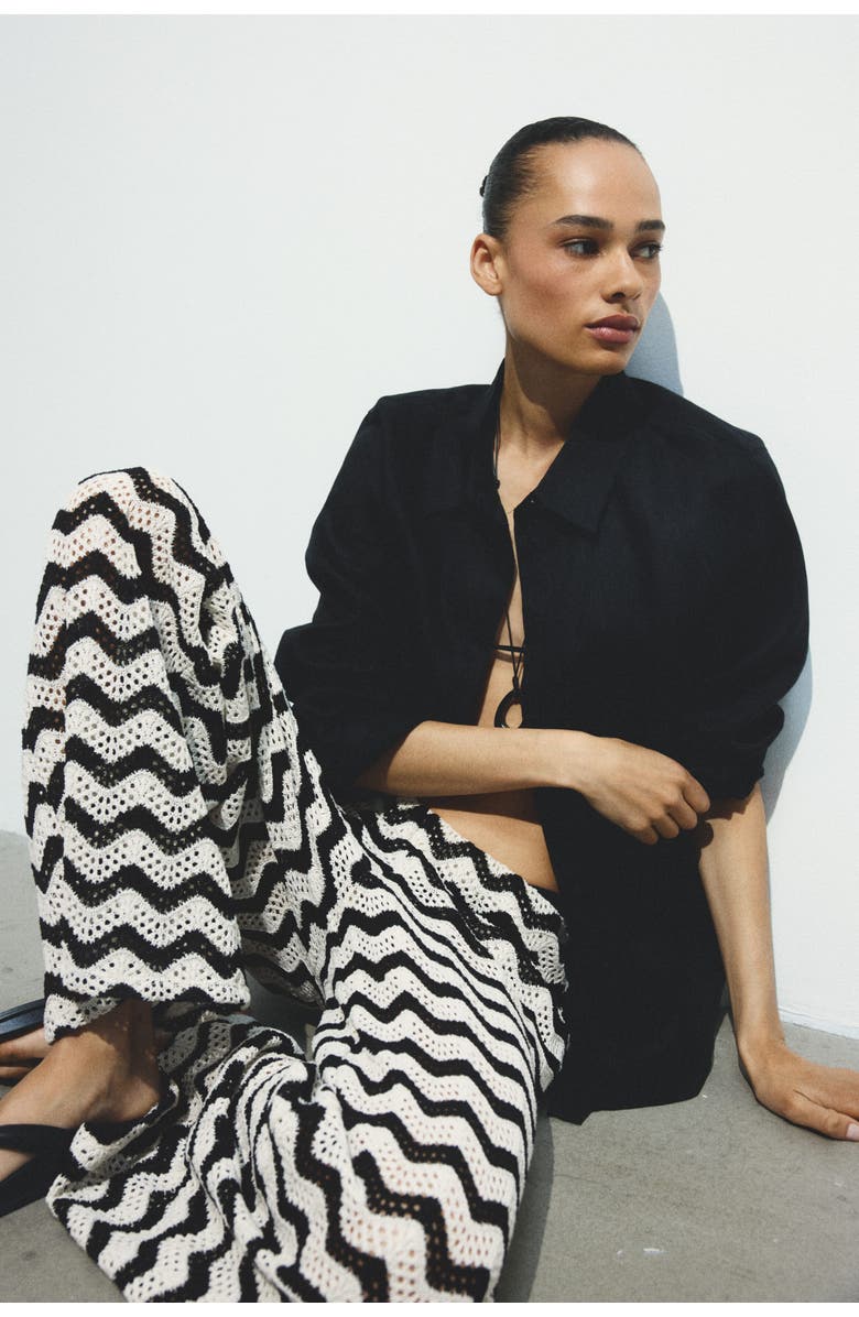 H&M Wide Textured-knit Trousers, Alternate, color, Black/Zigzag Pattern