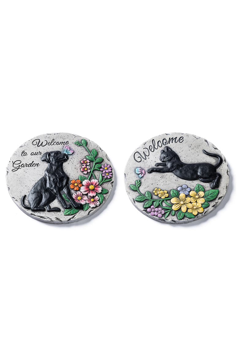 Set of 2 Cement Cat and Dog Textured Stepping Stones, Alternate, color, Black