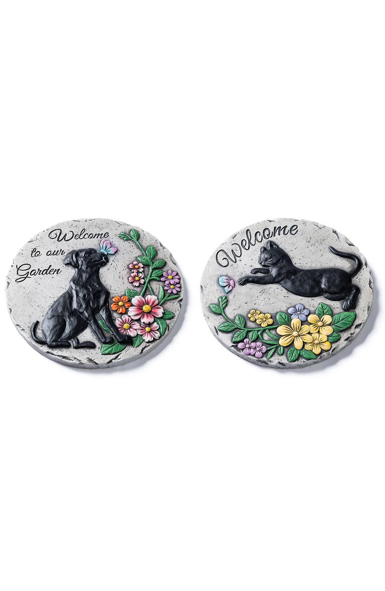 Glitzhome Set of 2 Cement Cat and Dog Textured Stepping Stones, Alternate, color, Black