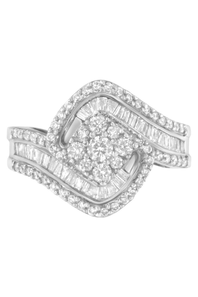 14K White Gold 1 Cttw Baguette and Round Diamond Floral Swirl Cluster Cocktail Ring, Main, color, White Gold