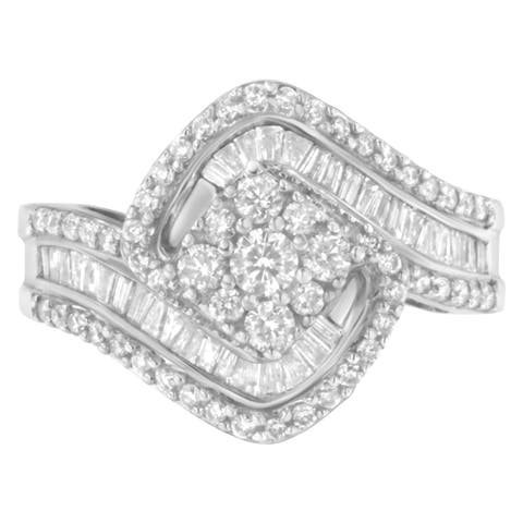 14K White Gold 1.00 cttw Baguette and Round Diamond Floral Cluster Ring with Split Swirl Band