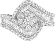 Haus of Brilliance 14K White Gold 1 Cttw Baguette and Round Diamond Floral Swirl Cluster Cocktail Ring