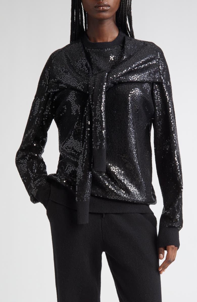 Michael Kors Collection Sequin Embellished Scarf Tie Cashmere Crewneck Sweater, Main, color, Black
