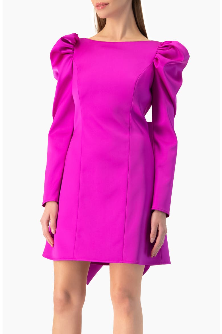 Puff-Sleeve Open-Back Bow Mini Dress in Satin, Main, color, Magenta