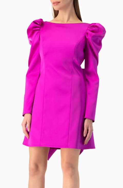 Puff-Sleeve Open-Back Bow Mini Dress in Satin