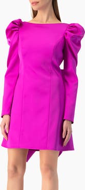 IVONNE Puff-Sleeve Open-Back Bow Mini Dress in Satin