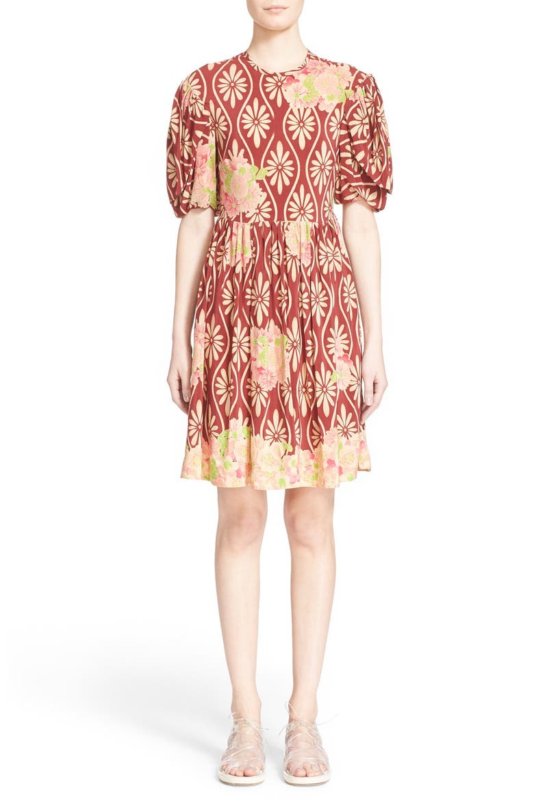Floral Print Puff Sleeve Silk Dress, Main, color, WINE