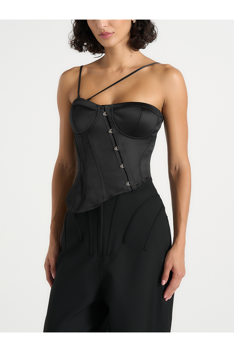 Aurelia Asymmetric Satin Corset Top, Alternate, color, Black
