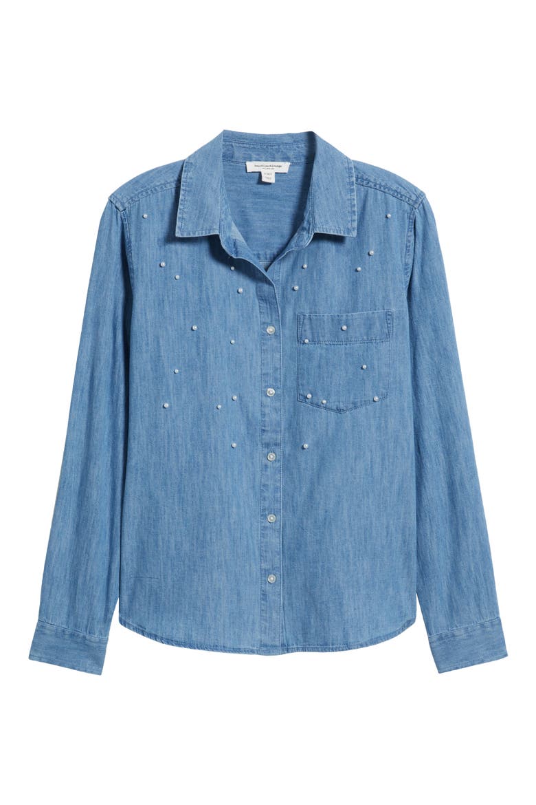 Kenna Pearly Bead Chambray Shirt, Alternate, color, MEDIUM WASH
