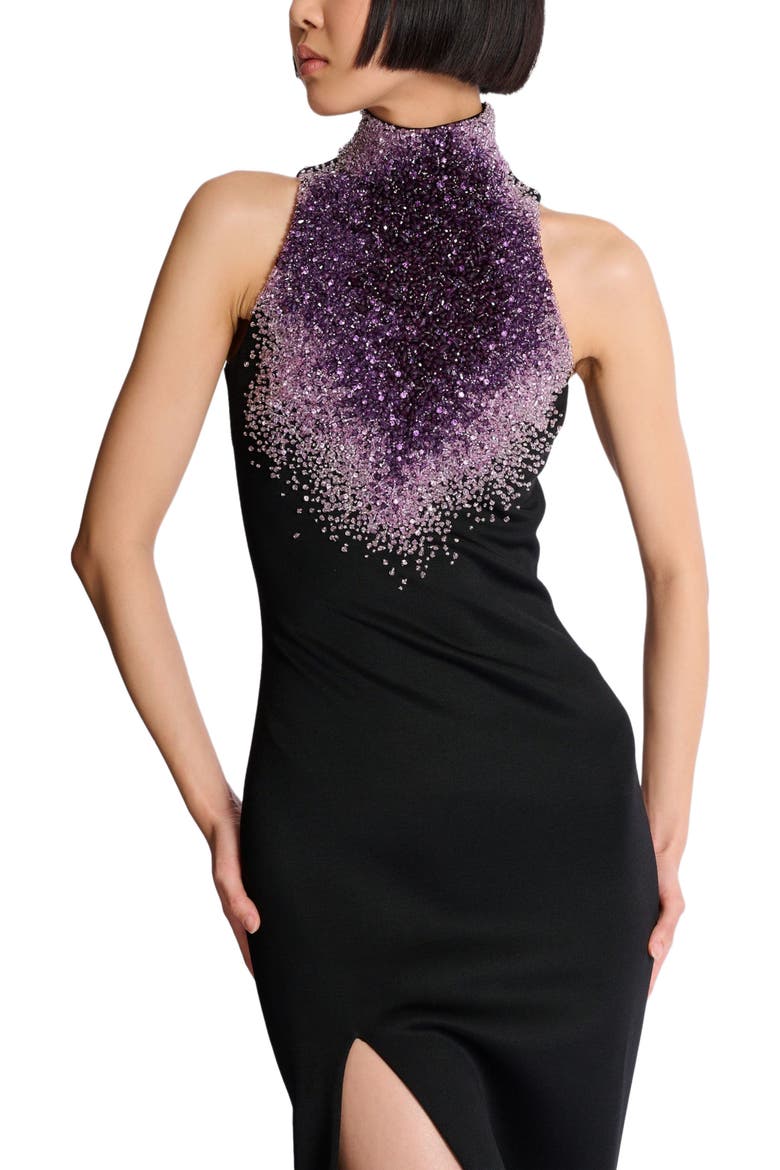 Milano jersey halterneck dress with "Amethyst" embroidery, Alternate, color, black