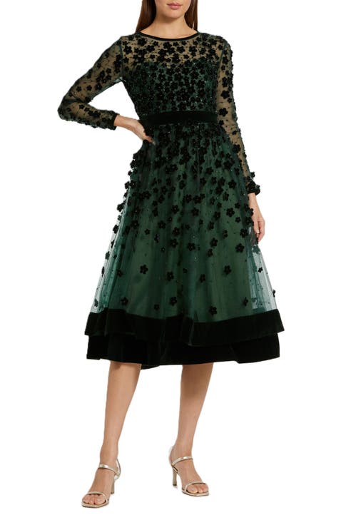 Embellished Illusion High Neck Long Sleeve Fit & Flare