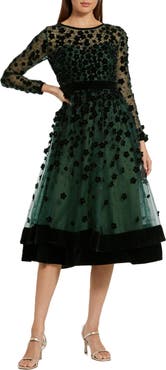 Mac Duggal Embellished Illusion High Neck Long Sleeve Fit & Flare