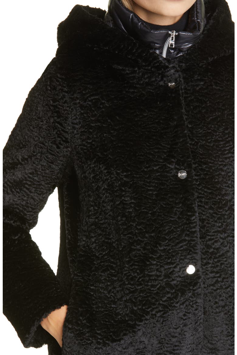 Hannover Hooded Faux Persian Lamb Fur Coat with Removable Down Bib, Alternate, color, BLACK