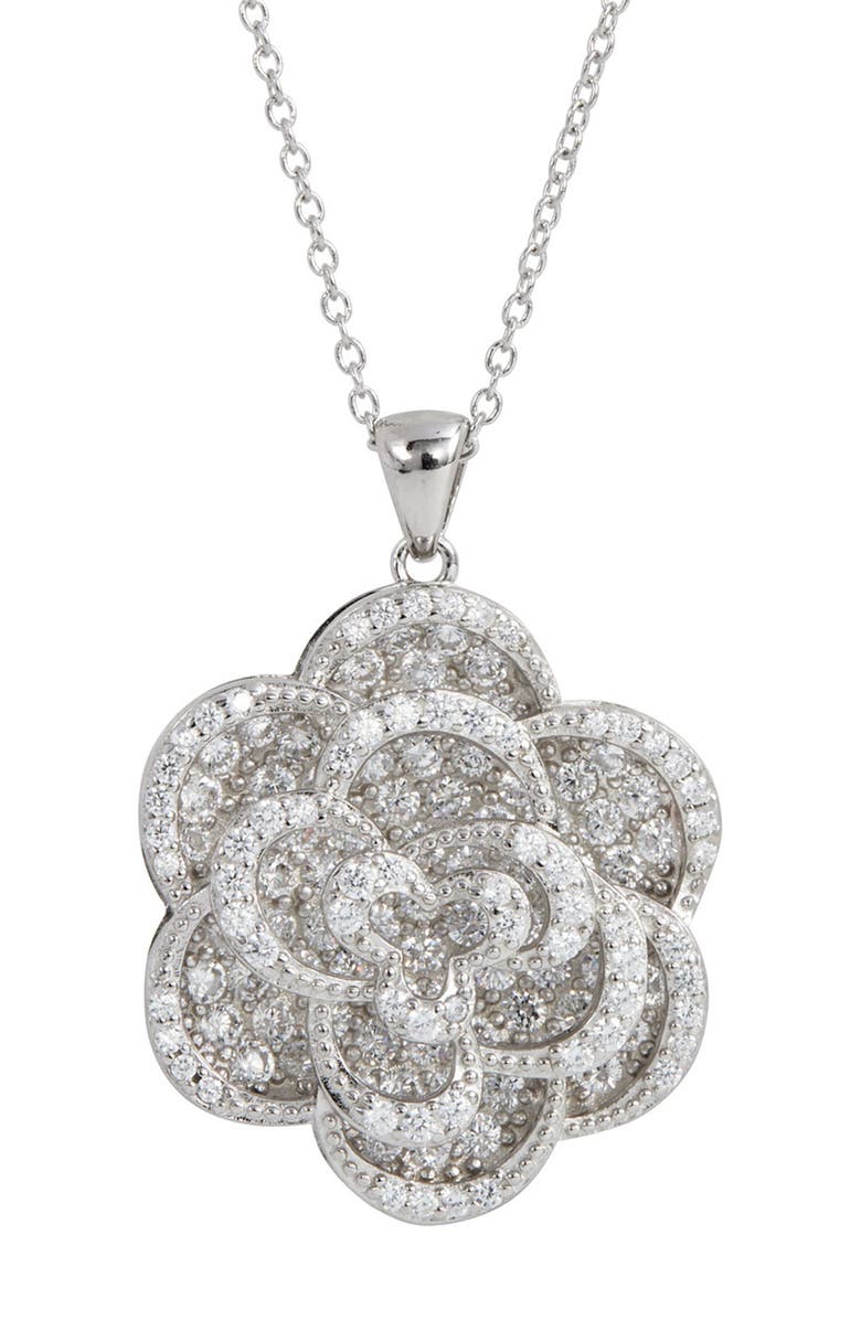 SAVVY CIE JEWELS Platinum Plated Sterling Silver Micro Pave CZ Floral Pendant Necklace, Main, color, 