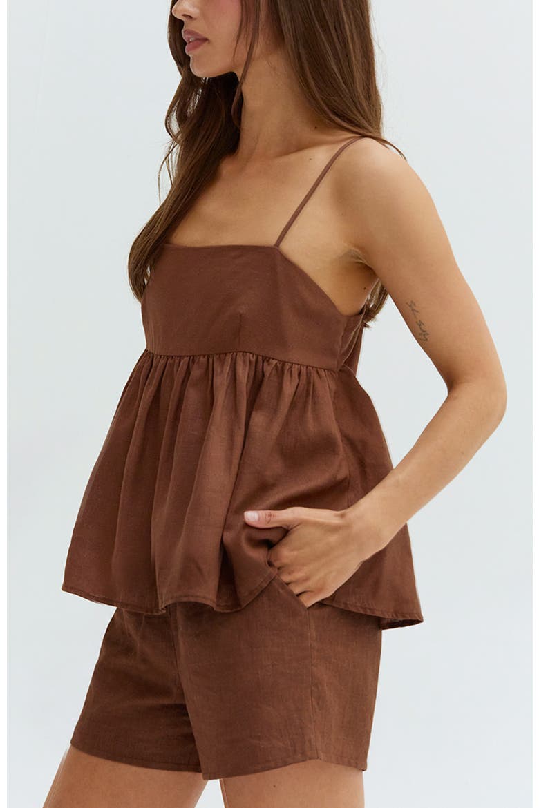 Tie Back Babydoll Linen Blend Top, Alternate, color, Brown
