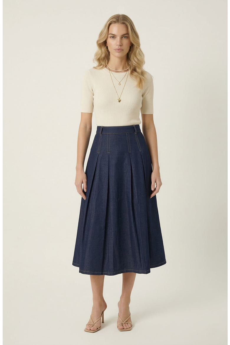 High Waist Pleated Detail A-Line Midi Skirt, Alternate, color, Navy Blue