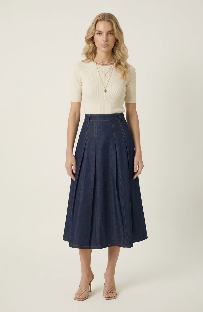 Modenaire High Waist Pleated Detail A-Line Midi Skirt, Alternate, color, Navy Blue