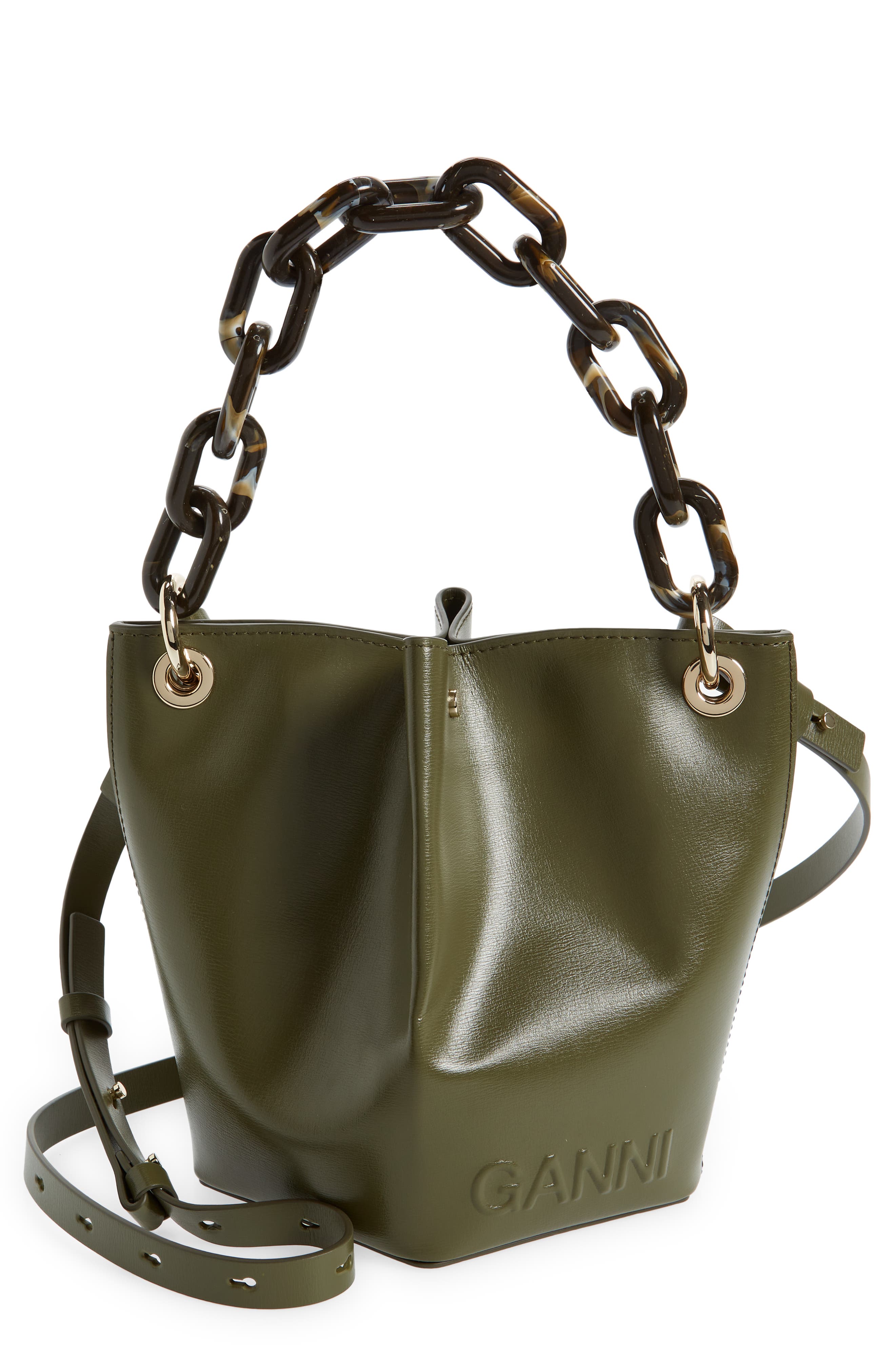 Ganni Diamond Small Recycled Leather Bucket Bag, Main, color, 
