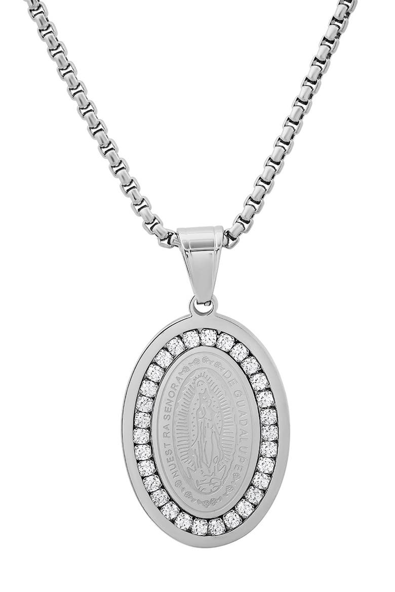 Men's Our Lady of Guadalupe Cubic Zirconia Oval Pendant Necklace, Main, color, SILVER