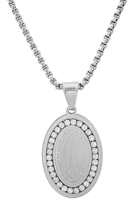 Men's Our Lady of Guadalupe Cubic Zirconia Oval Pendant Necklace
