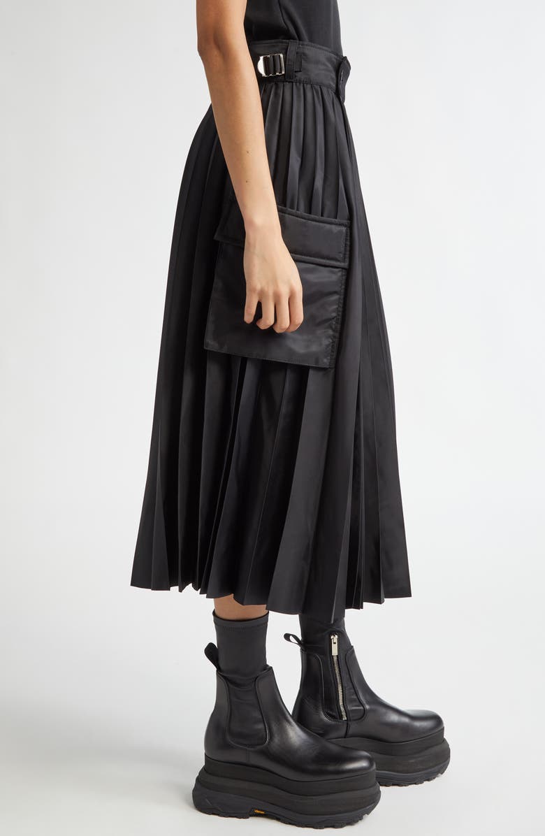 Sacai Pleated Cargo Midi Skirt, Alternate, color, Black 001