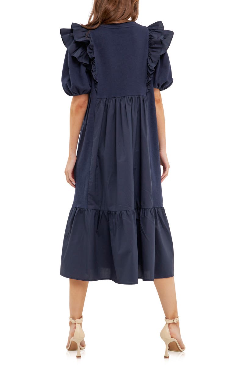 English Factory Ruffle Puff Sleeve Midi Dress, Alternate, color, Navy