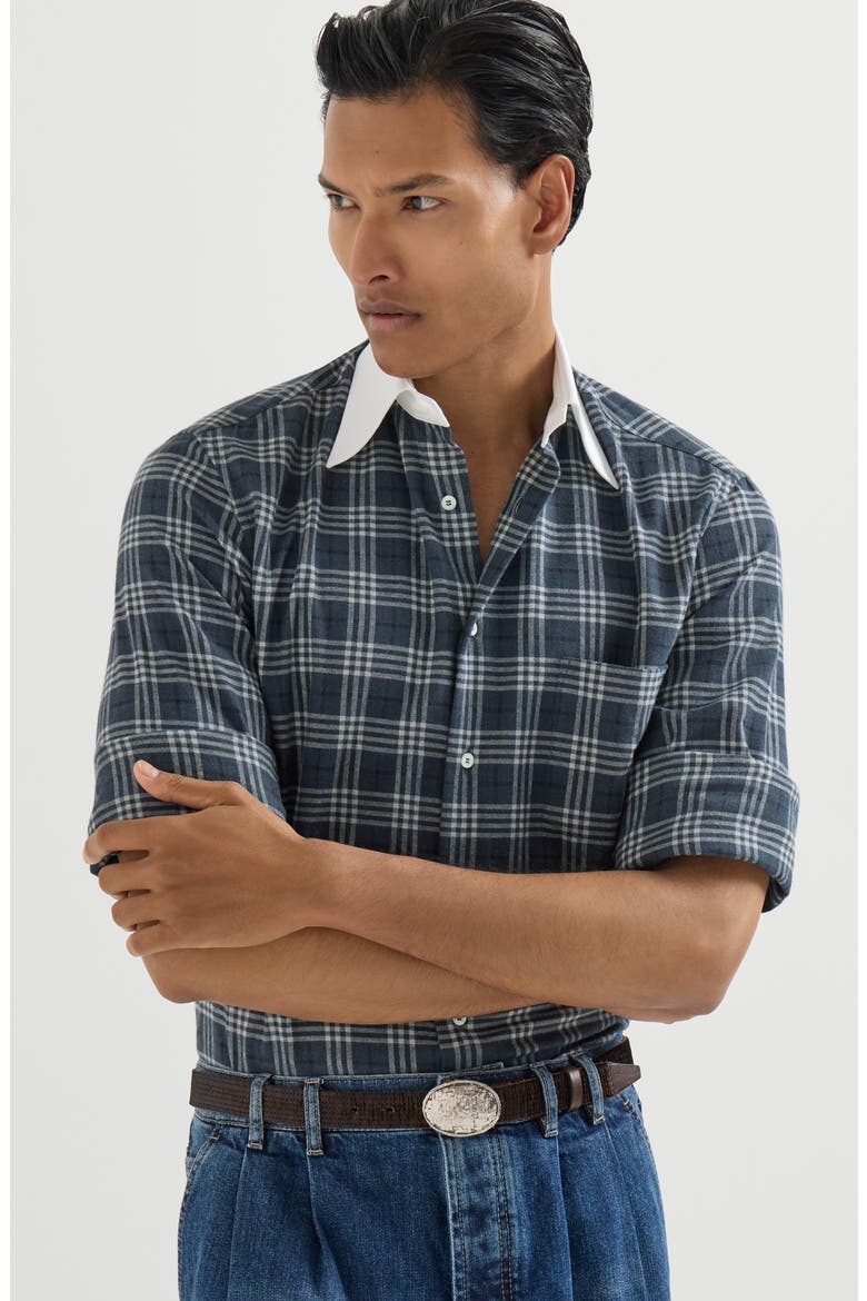 Cotton and lyocell tartan flannel shirt with contrast Italian collar and cuffs, Alternate, color, Denim