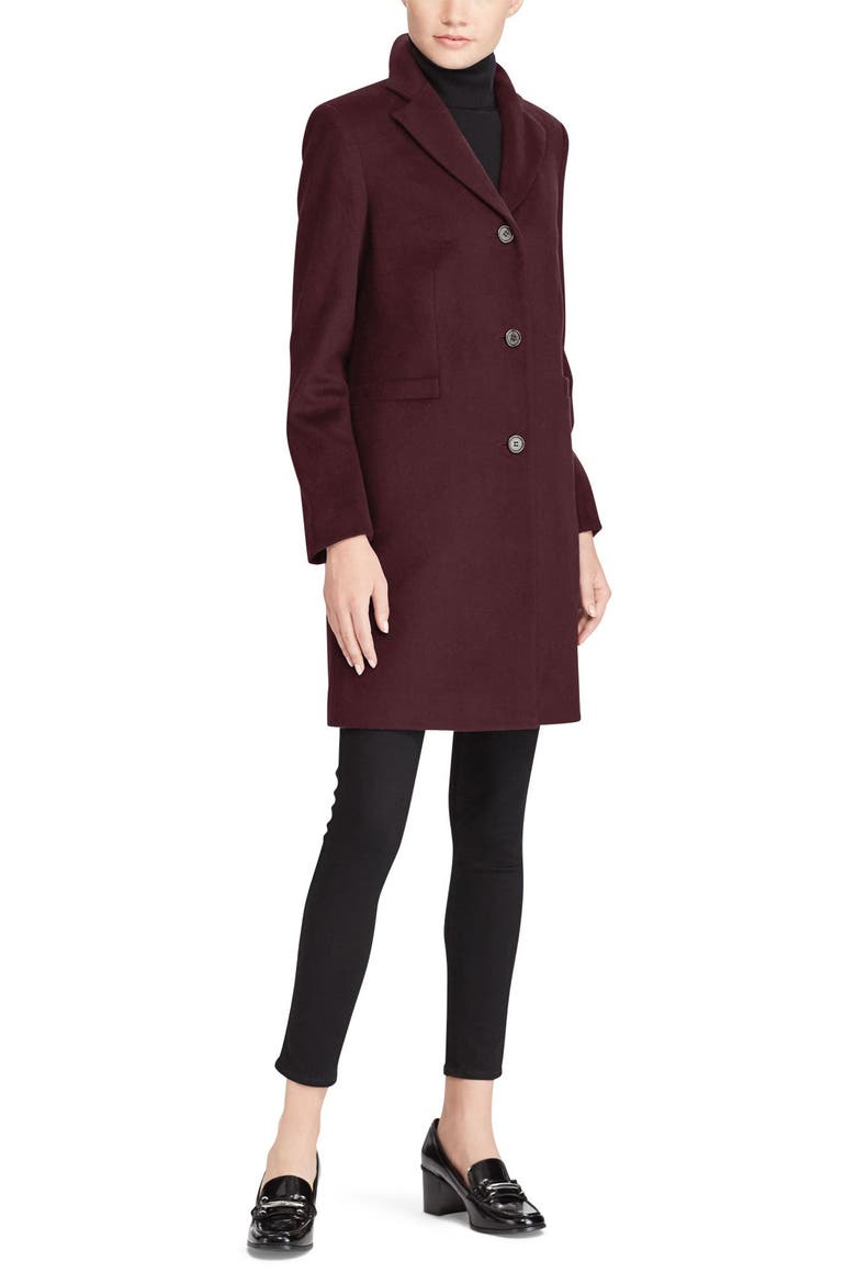 Wool Blend Reefer Coat, Alternate, color, BURGUNDY