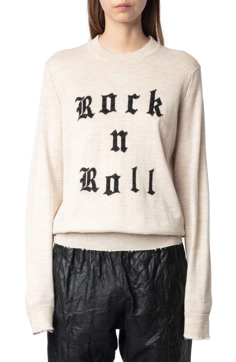 Zadig & Voltaire Ivy We Rock & Roll Embellished Wool Graphic Crewneck Sweater, Main, color, 
