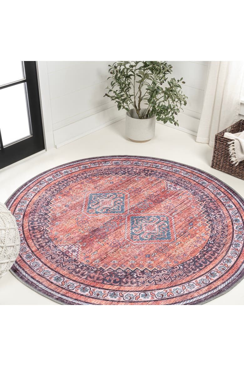 Dalyan Geometric Medallions Machine-Washable Round Area Rug, Main, color, Terra/Navy
