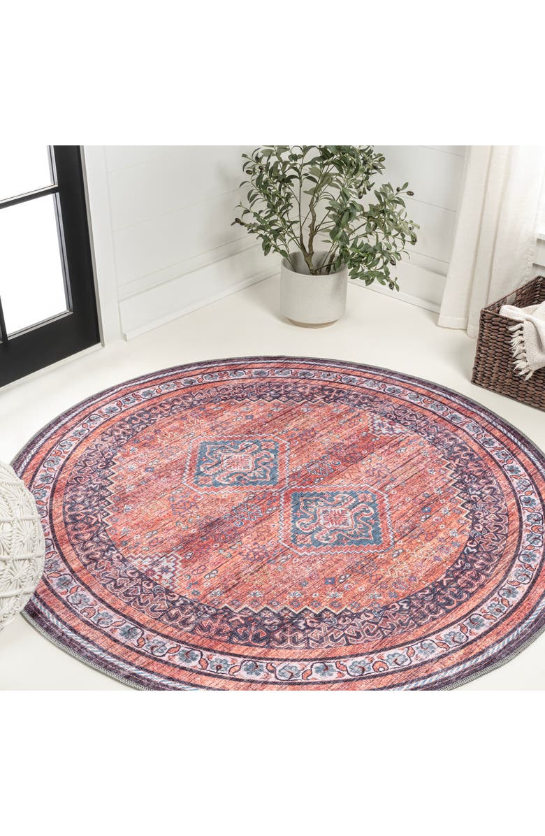 JONATHAN Y Dalyan Geometric Medallions Machine-Washable Round Area Rug, Main, color, Terra/Navy