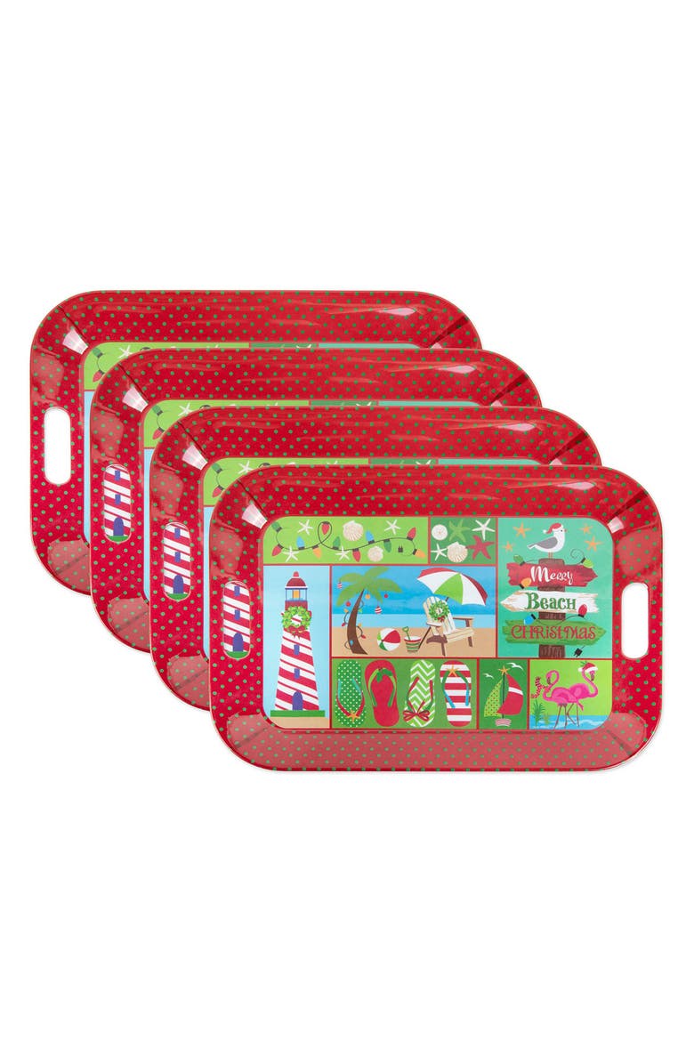 Design Imports Set of 4 Coast Christmas Trays, Main, color, Melamine Coastal Christmas