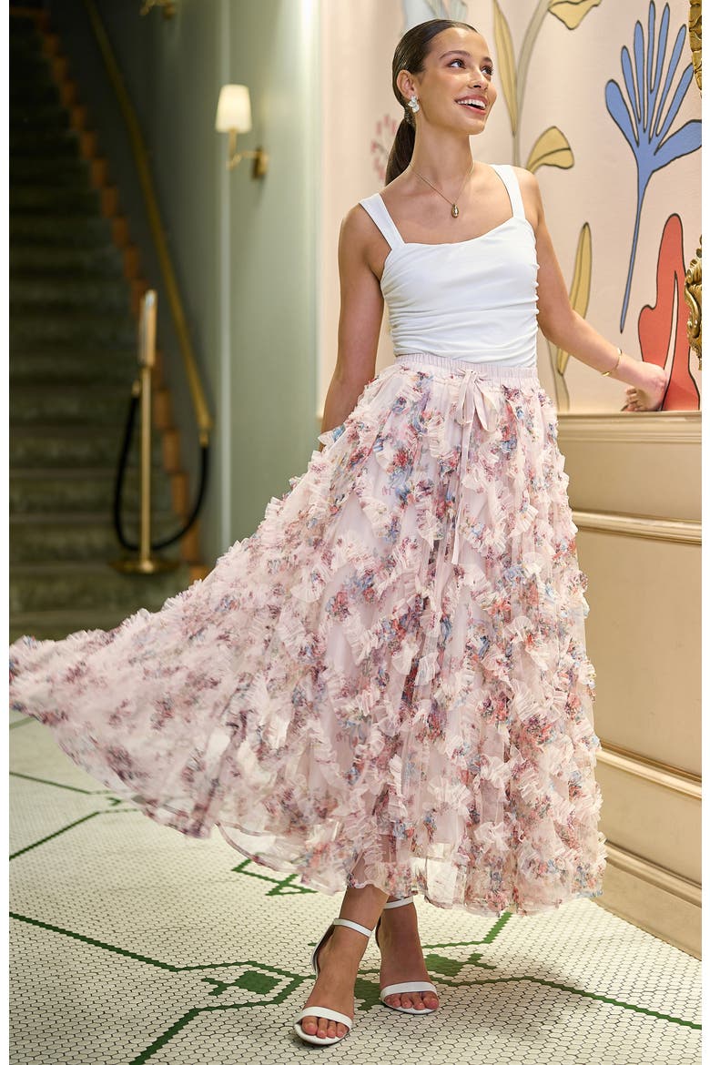 Floral Ruffle Mesh Midi Skirt, Alternate, color, Ivory